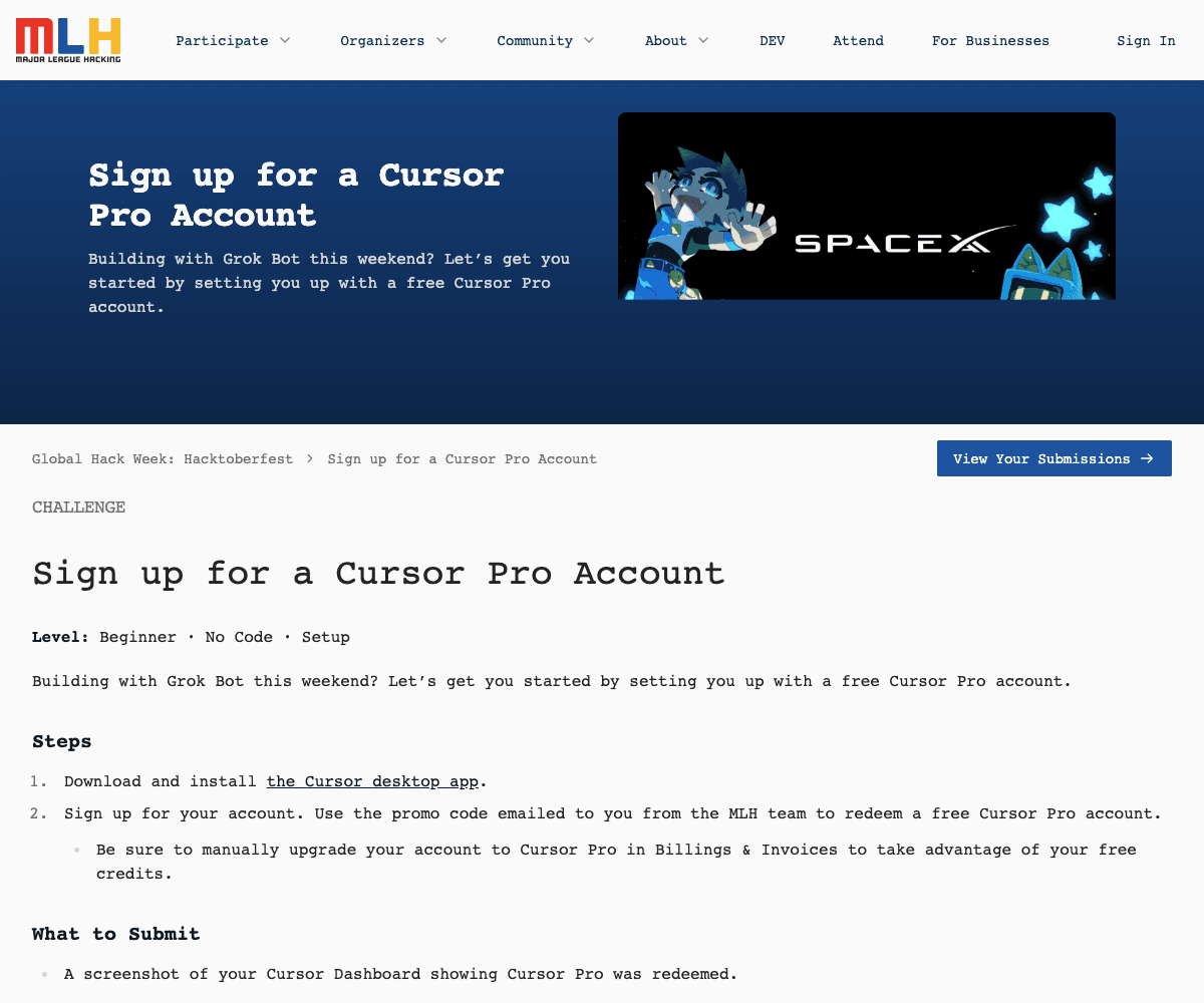 Official MLH Cursor Pro challenge showing the emailed promo code, manual billing upgrade, and dashboard screenshot submission instructions.